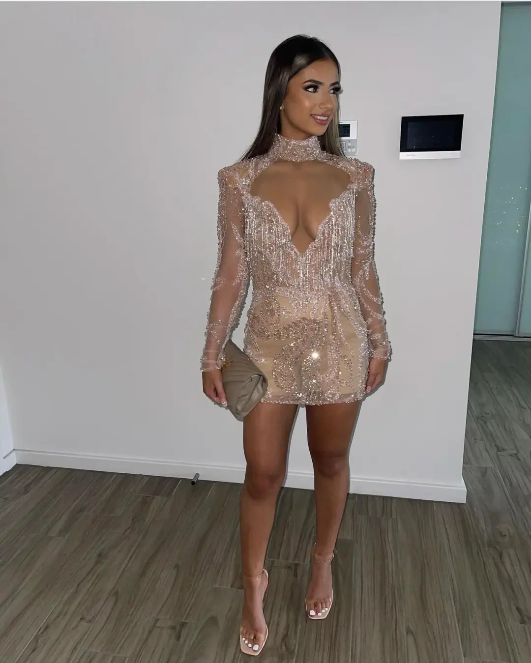 Albina Dyla Gold Couture Rose Gold Beaded Mini Dress Size AU 8 for rent on The Volte - main image