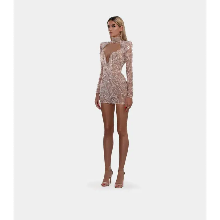Albina Dyla Gold Couture Rose Gold Beaded Mini Dress Size AU 8 for rent on The Volte - main image