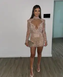 Albina Dyla Gold Couture Rose Gold Beaded Mini Dress Size AU 8 for rent on The Volte - image 4