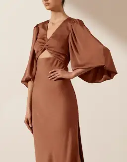 Shona Joy Luxe Twist Front Balloon Sleeve Midi Dress Mocha Size 10 for rent on The Volte - image 3