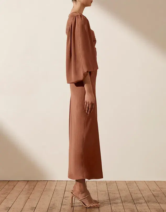 Shona Joy Luxe Twist Front Balloon Sleeve Midi Dress Mocha Size 10 for rent on The Volte - main image