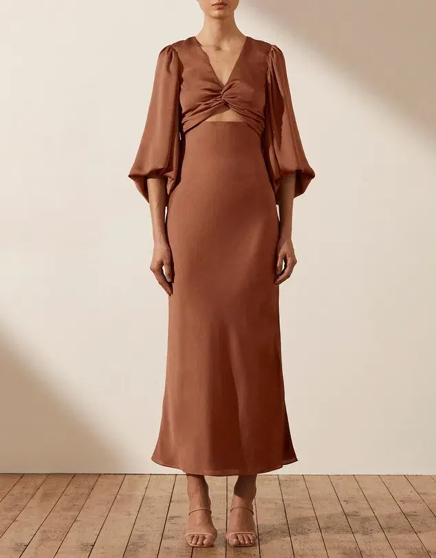 Shona Joy Luxe Twist Front Balloon Sleeve Midi Dress Mocha Size 10 for rent on The Volte - main image