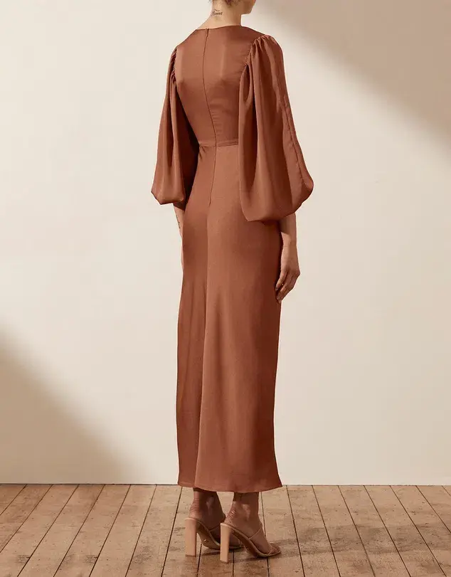 Shona Joy Luxe Twist Front Balloon Sleeve Midi Dress Mocha Size 10 for rent on The Volte - main image