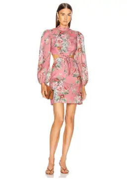 Zimmermann Bellitude Bow Front Cut Out Mini Dress Watermelon Pink Floral Size 0 / AU 8 for rent on The Volte - image 1