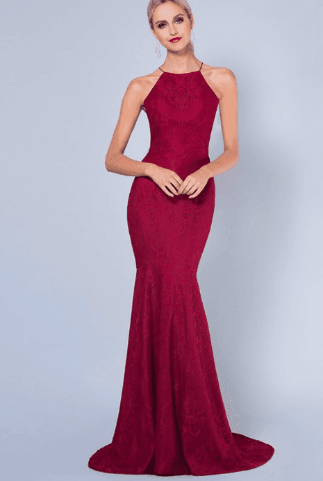 silver fishtail chantilly lace gown deep red for rent on The Volte - main image
