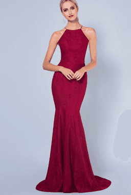 silver fishtail chantilly lace gown deep red for rent on The Volte - image 1
