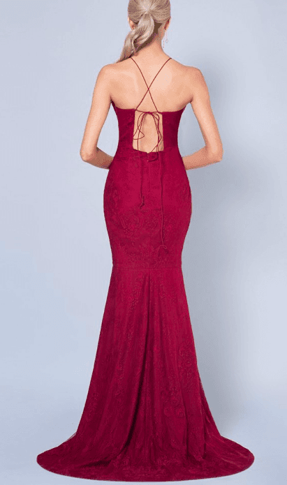 silver fishtail chantilly lace gown deep red for rent on The Volte - main image