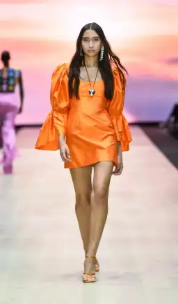 Van Der Kooij Neve Volume Sleeve Micro Mini Dress Orange Size 3 / AU 12 for rent on The Volte - image 1