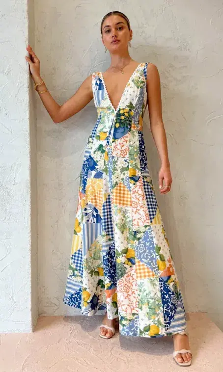 By Nicola Wavy Maxi Dress in Lemon Patchwork Print Size 6 for rent on The Volte - main image