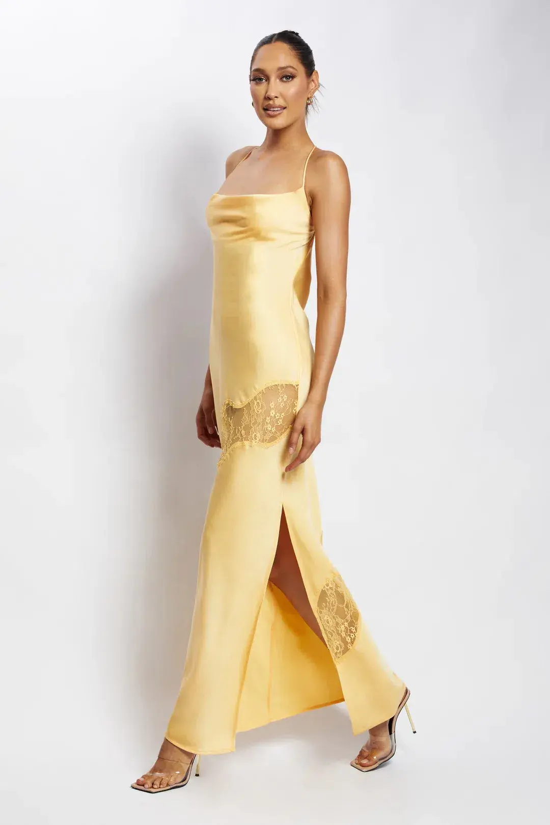 Meshki Chandra Lace Detail Satin Maxi Dress Lemon Size 14 for rent on The Volte - main image