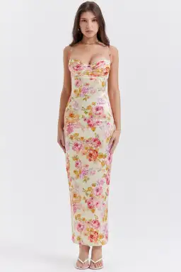 House of CB Josefina Ivory Floral Satin Maxi Dress in XS / Au 6