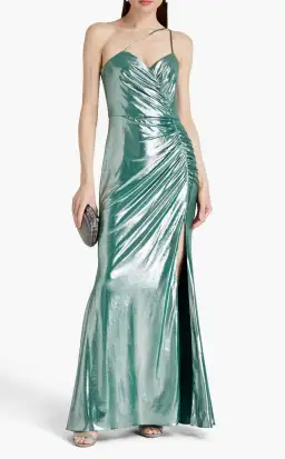 Marchesa Notte One-Shoulder Ruched Metallic Stretch-Jersey Gown Metallic Green Size 10