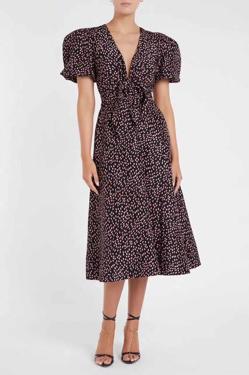 Rebecca Vallance Cha Cha Midi Dress Pink Polka Dot Size 12 for rent on The Volte - main image