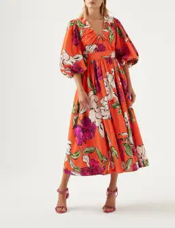 Aje Marlene Floral Midi Dress Vivid Camellia Size 14 / XL