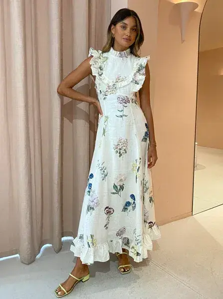 Alemais Jules Floral Midi Maxi Antique Dress White Size 10 for rent on The Volte - main image