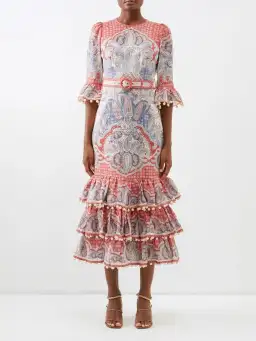 Zimmermann Vitali Paisley-Print Tiered Linen-Voile Dress 0P/AU 6