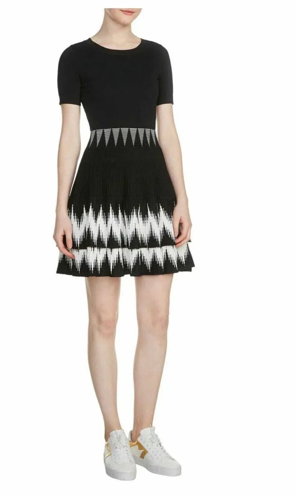 Maje Ralia Knit Ruffle Skater Dress Black/White Size 1 / Au 8 for rent on The Volte - main image