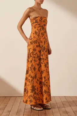 Shona Joy Uli Linen Corded Strapless Maxi Dress Orange Size AU 12