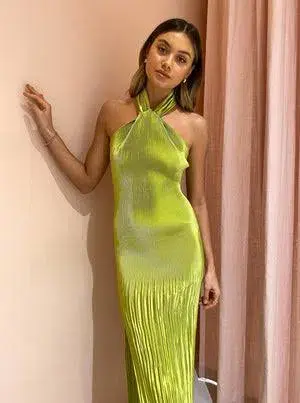 L'Idee Soirée Pleated Halter Gown Green Size 10 for rent on The Volte - main image