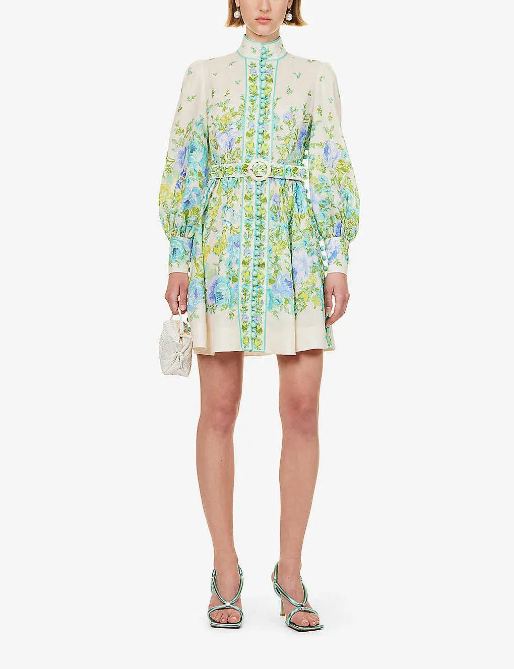 Zimmermann Raie Buttoned Mini Dress Teal/Blue Floral Size 1 / Au 10 for rent on The Volte - main image