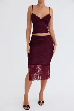 House of CB Mistress Rocks Mulberry Satin And Lace Top and Midi Skirt Burgundy Size S / AU 8 for rent on The Volte - image 1