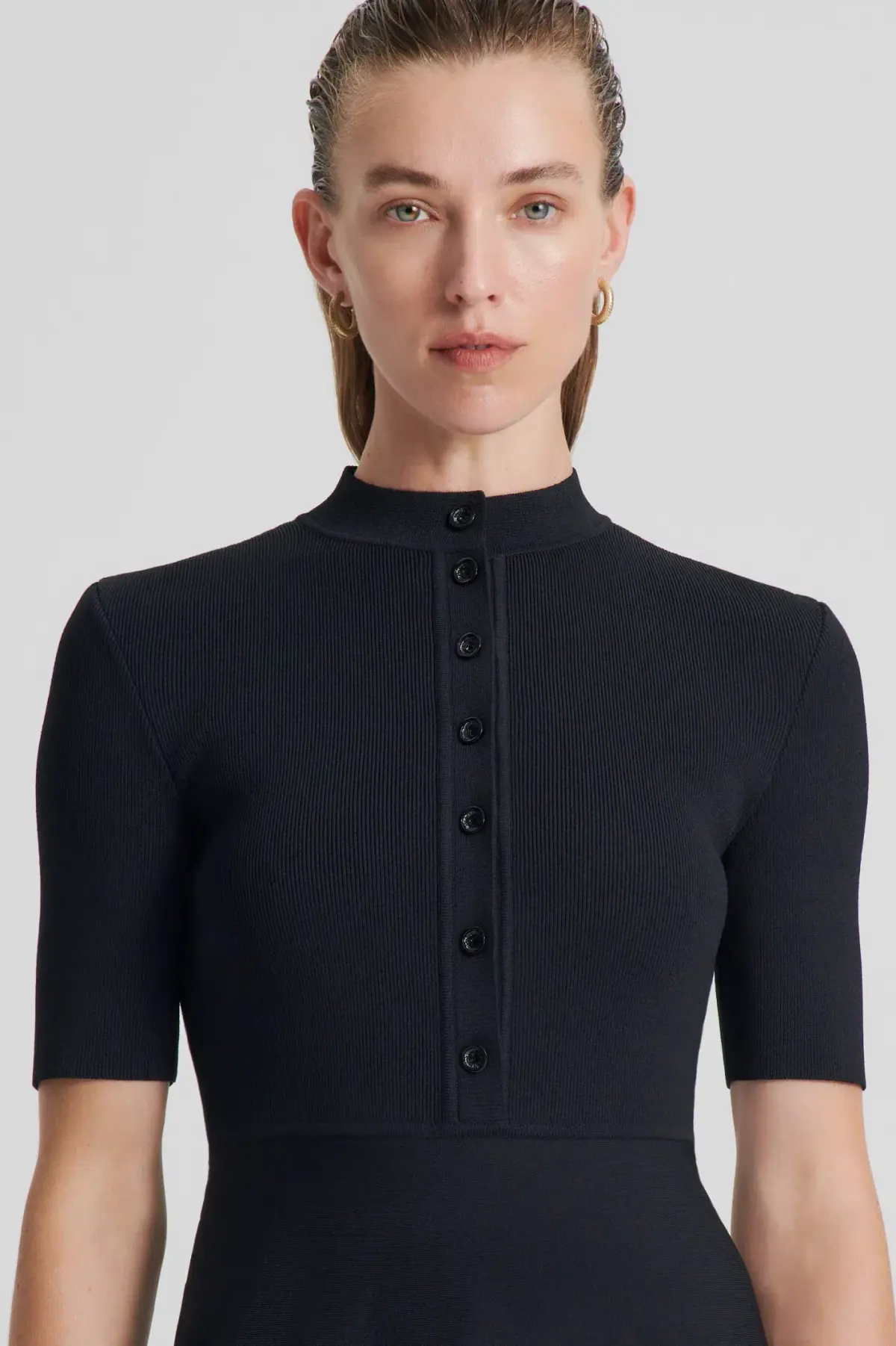 Scanlan Theodore Crepe Knit Short Sleeve Button Midi Dress Black Size XS/AU 6 - Image 3