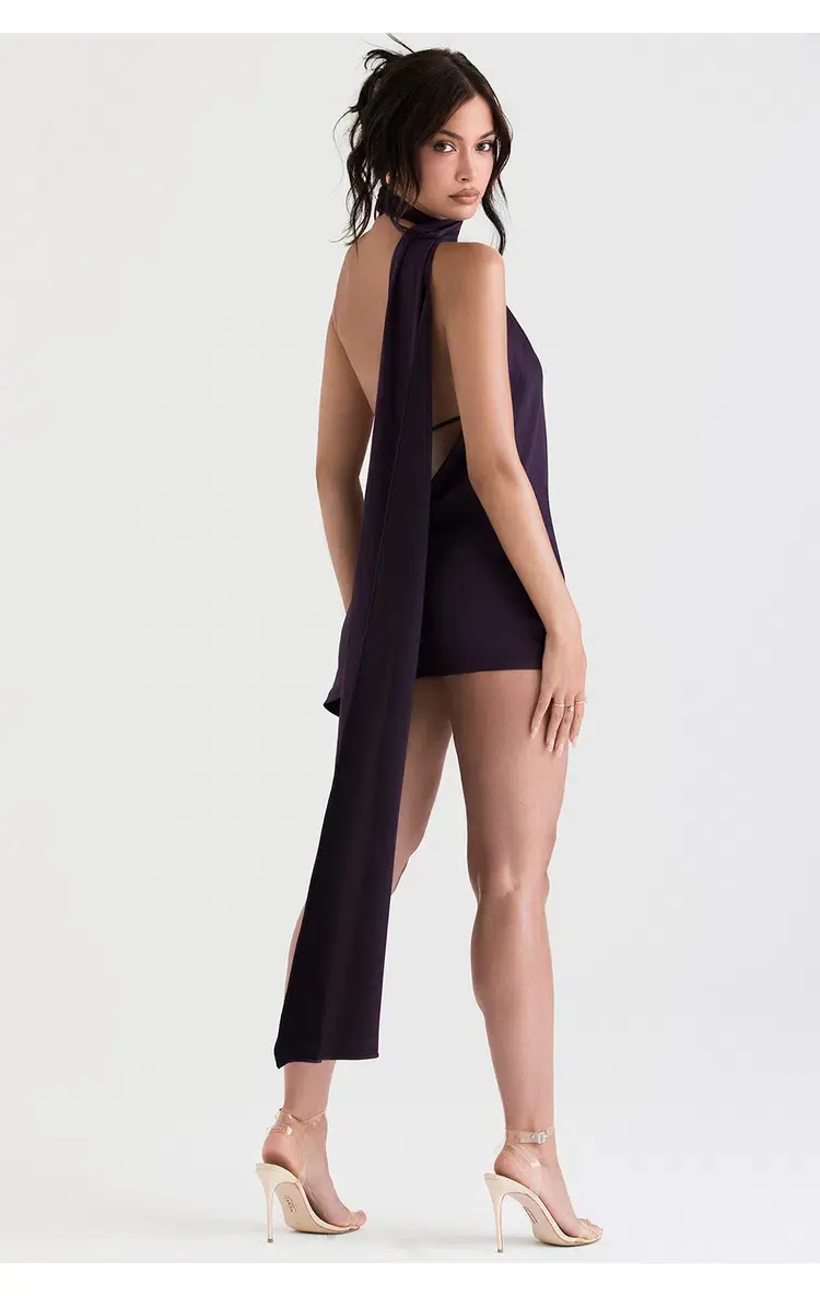 House of CB Aida Asymmetric Satin Wrap Neck Mini Dress Nightshade Size XS / Au 6 for rent on The Volte - main image