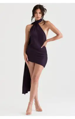 House of CB Aida Asymmetric Satin Wrap Neck Mini Dress Nightshade Size XS / Au 6 for rent on The Volte - image 1