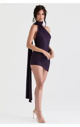 House of CB Aida Asymmetric Satin Wrap Neck Mini Dress Nightshade Size XS / Au 6 for rent on The Volte - image 5