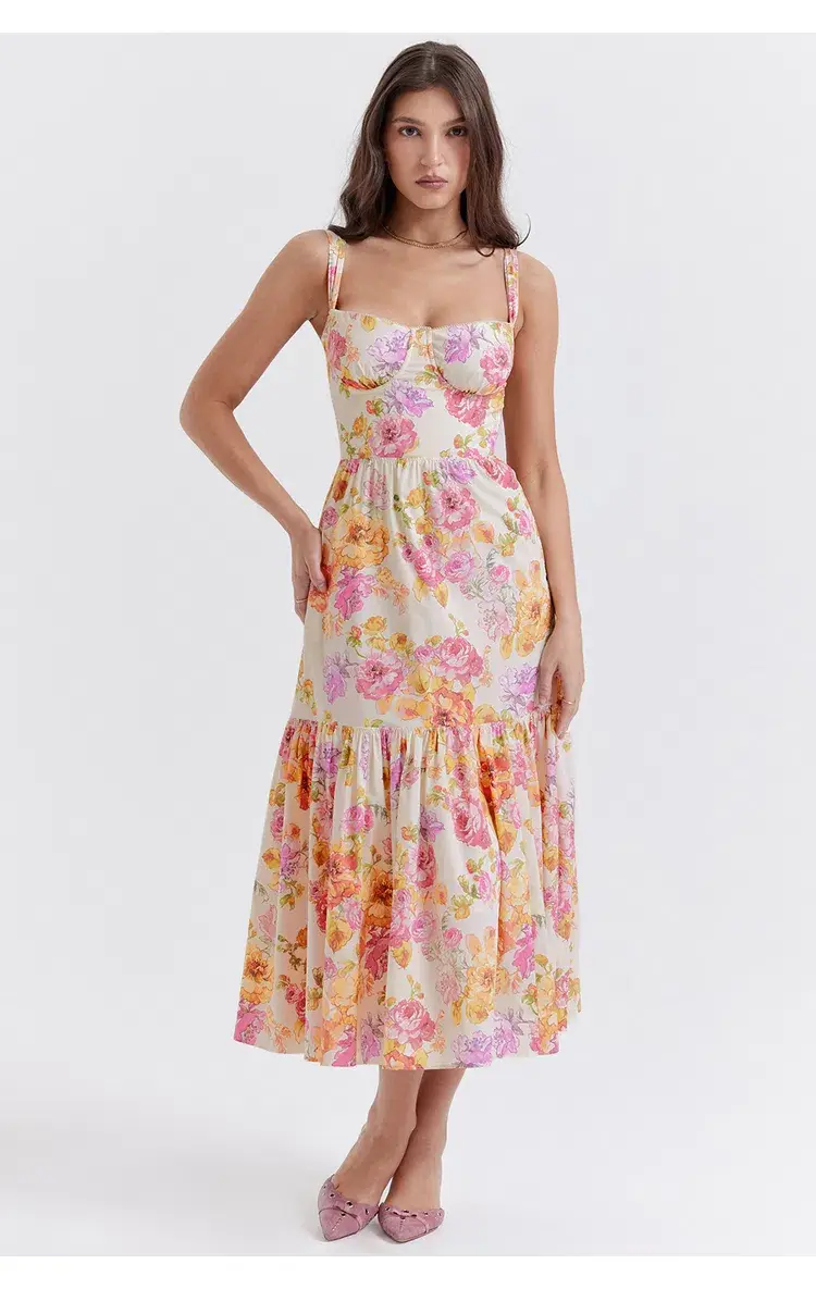 House of CB Elia Midi Dress Ivory Floral Size L / Au 12 (+cup) for rent on The Volte - main image