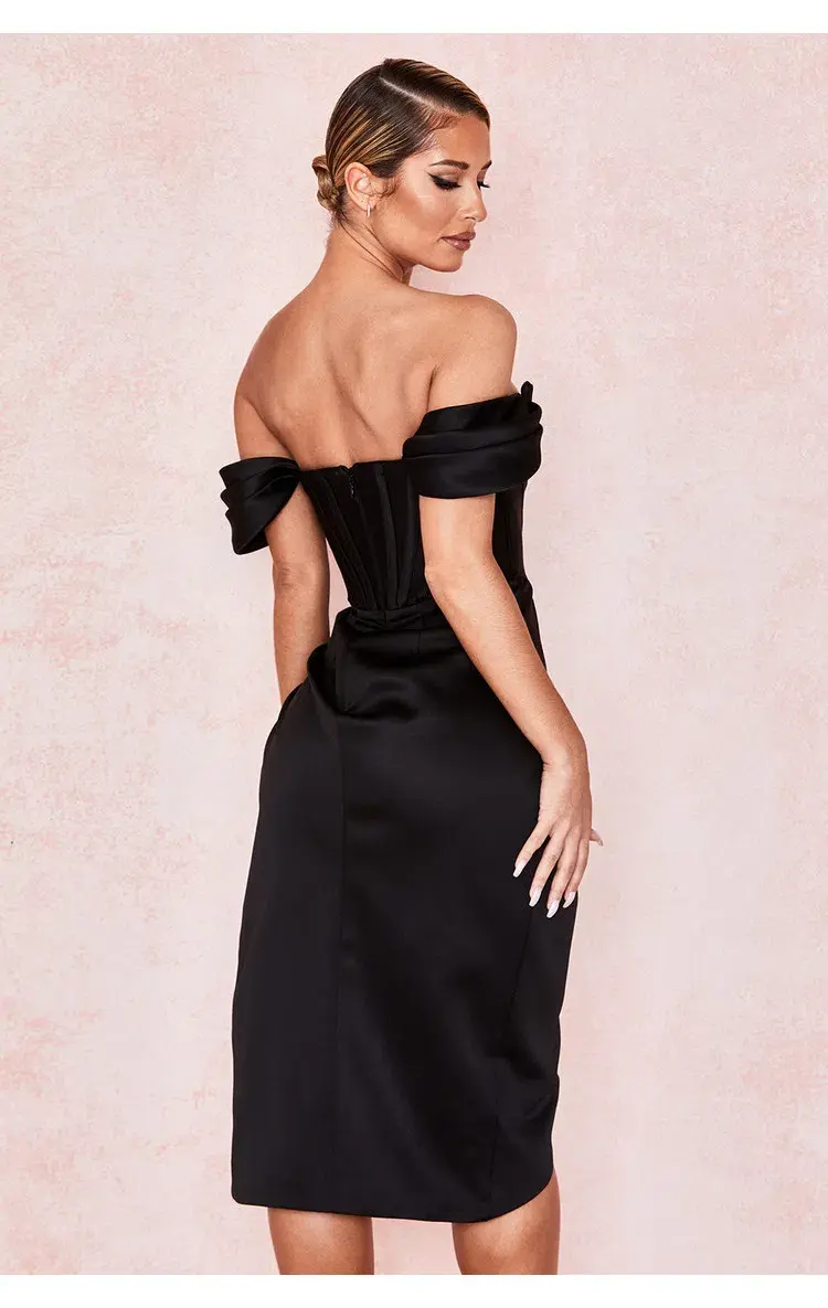 House of Cb Loretta Satin Off Shoulder Dress Black Size XS / Au 6 for rent on The Volte - main image