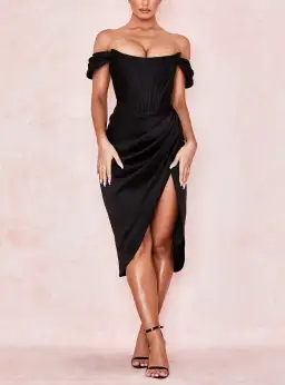 House of Cb Loretta Satin Off Shoulder Dress Black Size XS / Au 6 for rent on The Volte - image 1