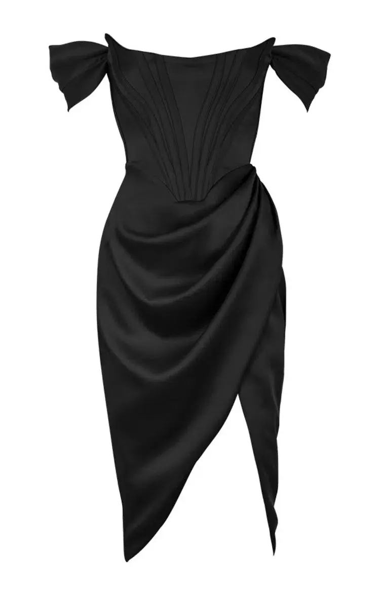 House of Cb Loretta Satin Off Shoulder Dress Black Size XS / Au 6 for rent on The Volte - main image