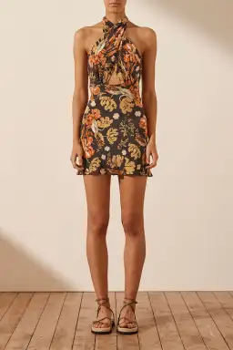 Shona Joy Okala Silk Cross Front Halter Mini Dress Okala Print Size 12 for rent on The Volte - image 1