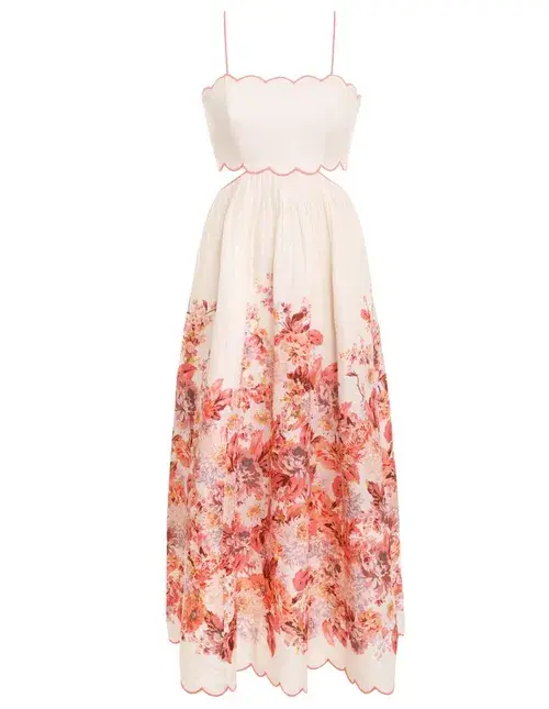Zimmermann The Devi Scallop Midi Dress in Cream Floral Size 0/Au 8 for rent on The Volte - main image
