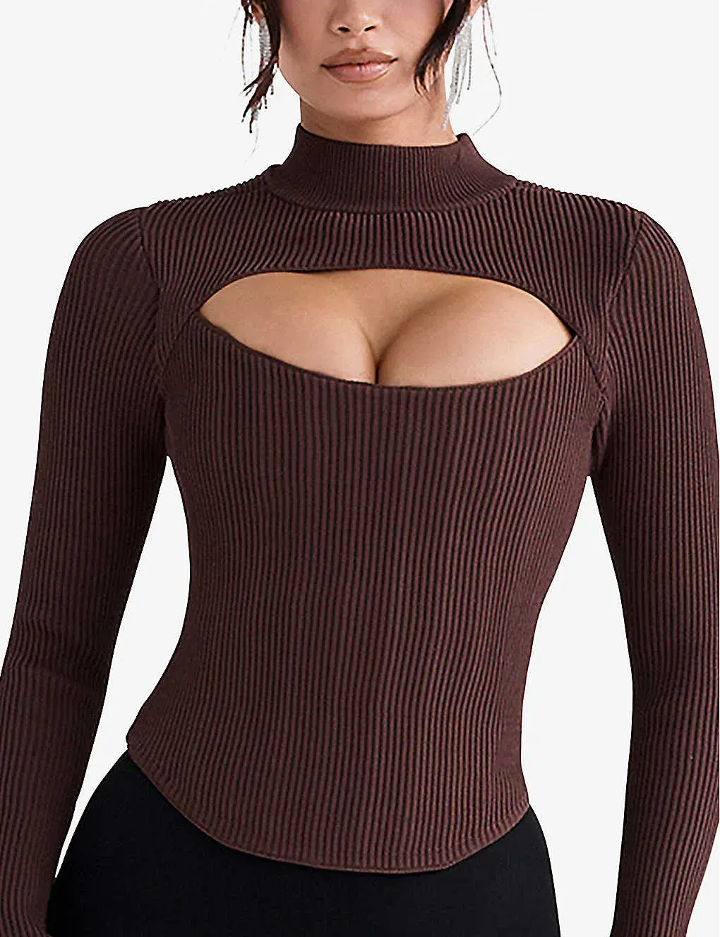 House Of Cb Georgina Cut-out Stretch-knit Top Brown Size XS / AU 6 for rent on The Volte - main image