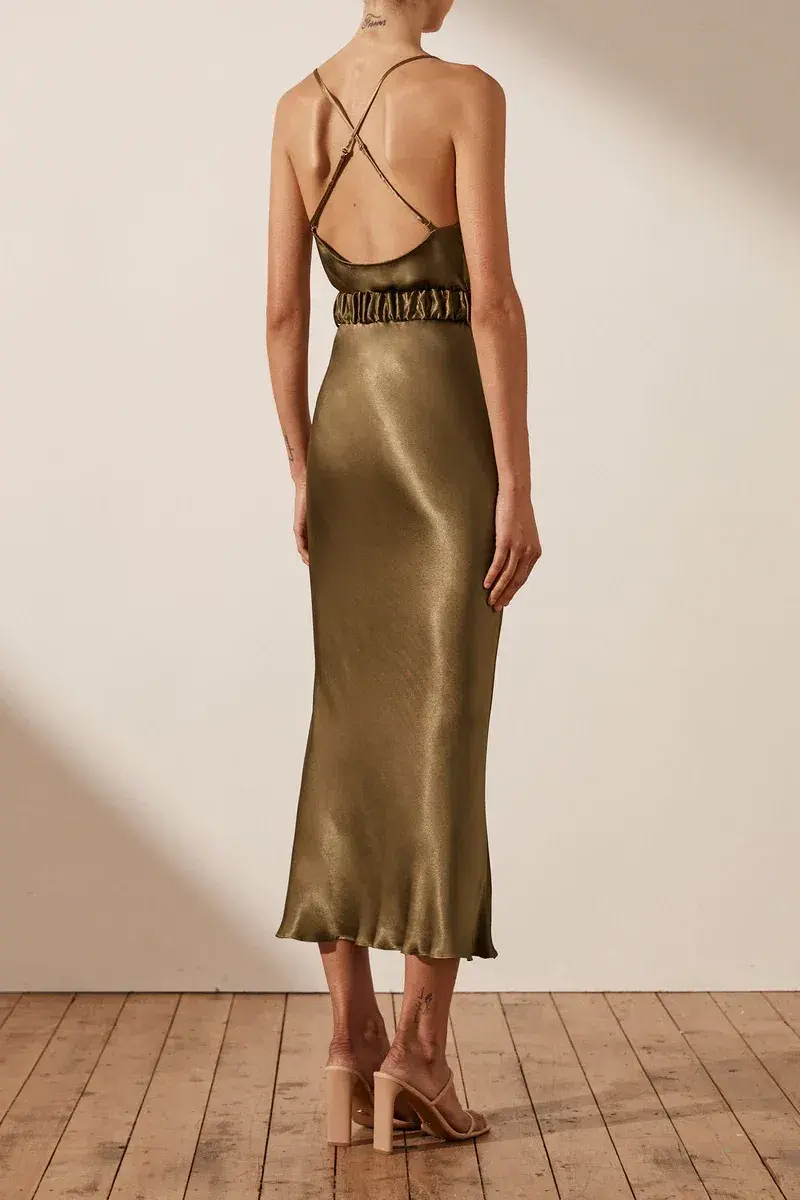 Shona Joy Gala Bias Midi Dress w/ Belt Warm Olive Size 8 for rent on The Volte - main image