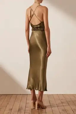 Shona Joy Gala Bias Midi Dress w/ Belt Warm Olive Size 8 for rent on The Volte - image 3