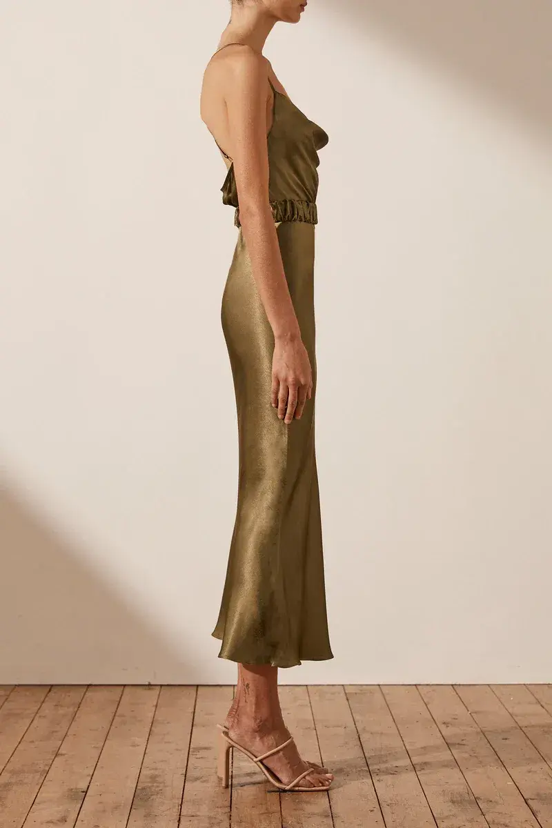 Shona Joy Gala Bias Midi Dress w/ Belt Warm Olive Size 8 for rent on The Volte - main image