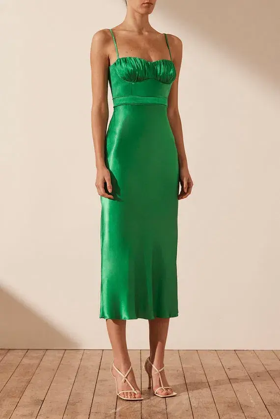 Shona Joy Lana Corded Ruched Midi Dress Tree Green Size 6 for rent on The Volte - main image