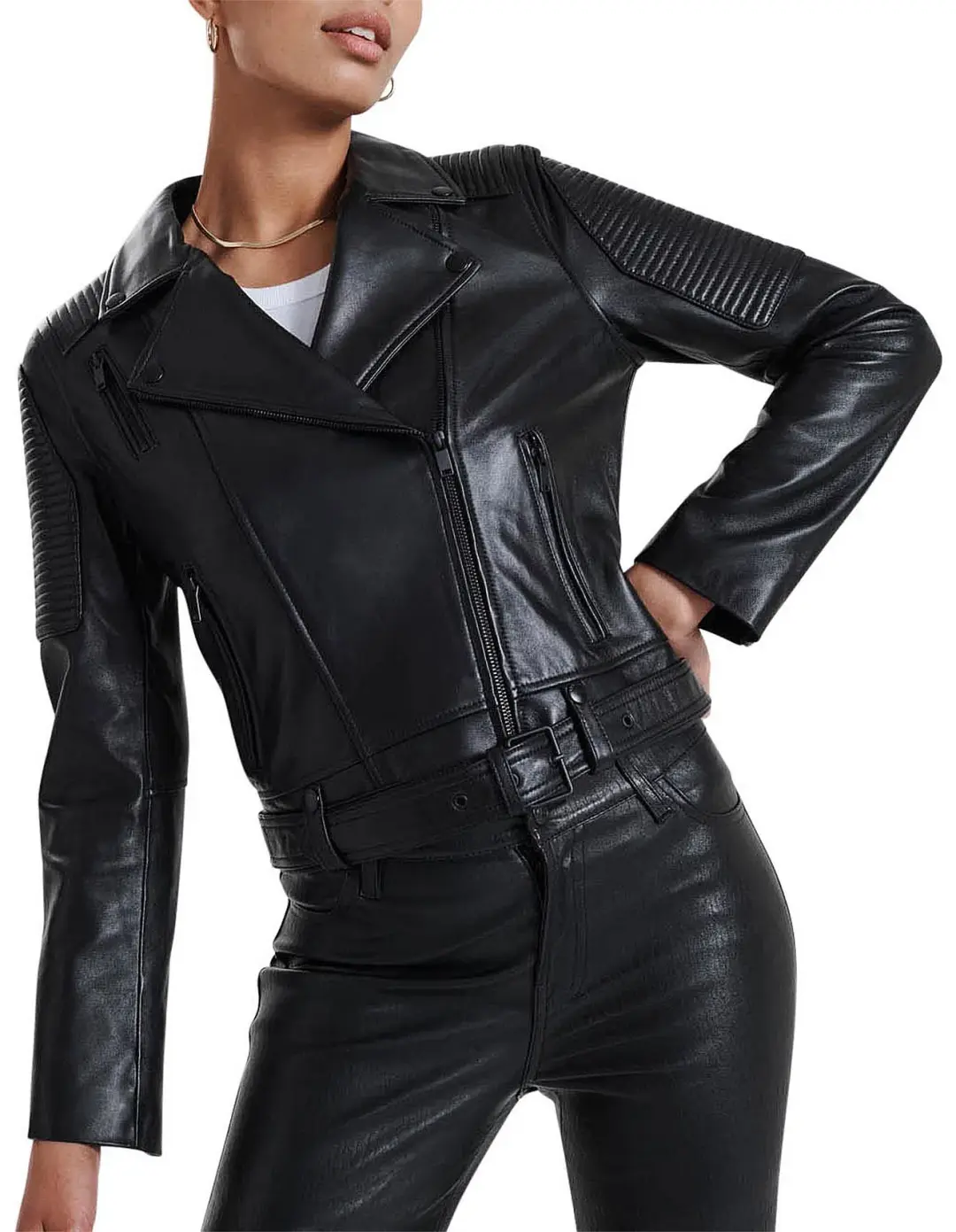Ena Pelly Classic Leather Biker Jacket in All Black Size AU 12 for rent on The Volte - main image