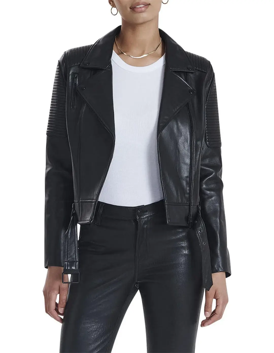 Ena Pelly Classic Leather Biker Jacket in All Black Size AU 12 for rent on The Volte - main image