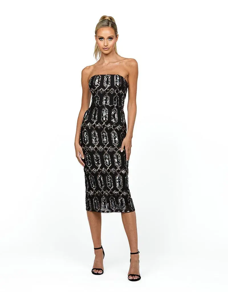 Bariano Blanca Strapless Midi Dress Black Multi Size AU 8 for rent on The Volte - main image