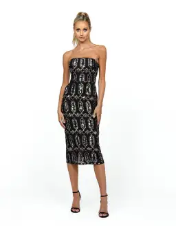 Bariano Blanca Strapless Midi Dress Black Multi Size AU 8 for rent on The Volte - image 1