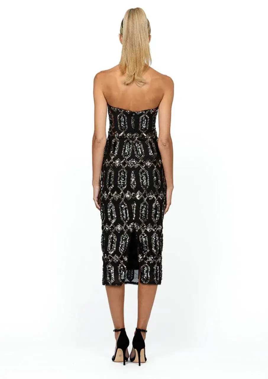Bariano Blanca Strapless Midi Dress Black Multi Size AU 8 for rent on The Volte - main image
