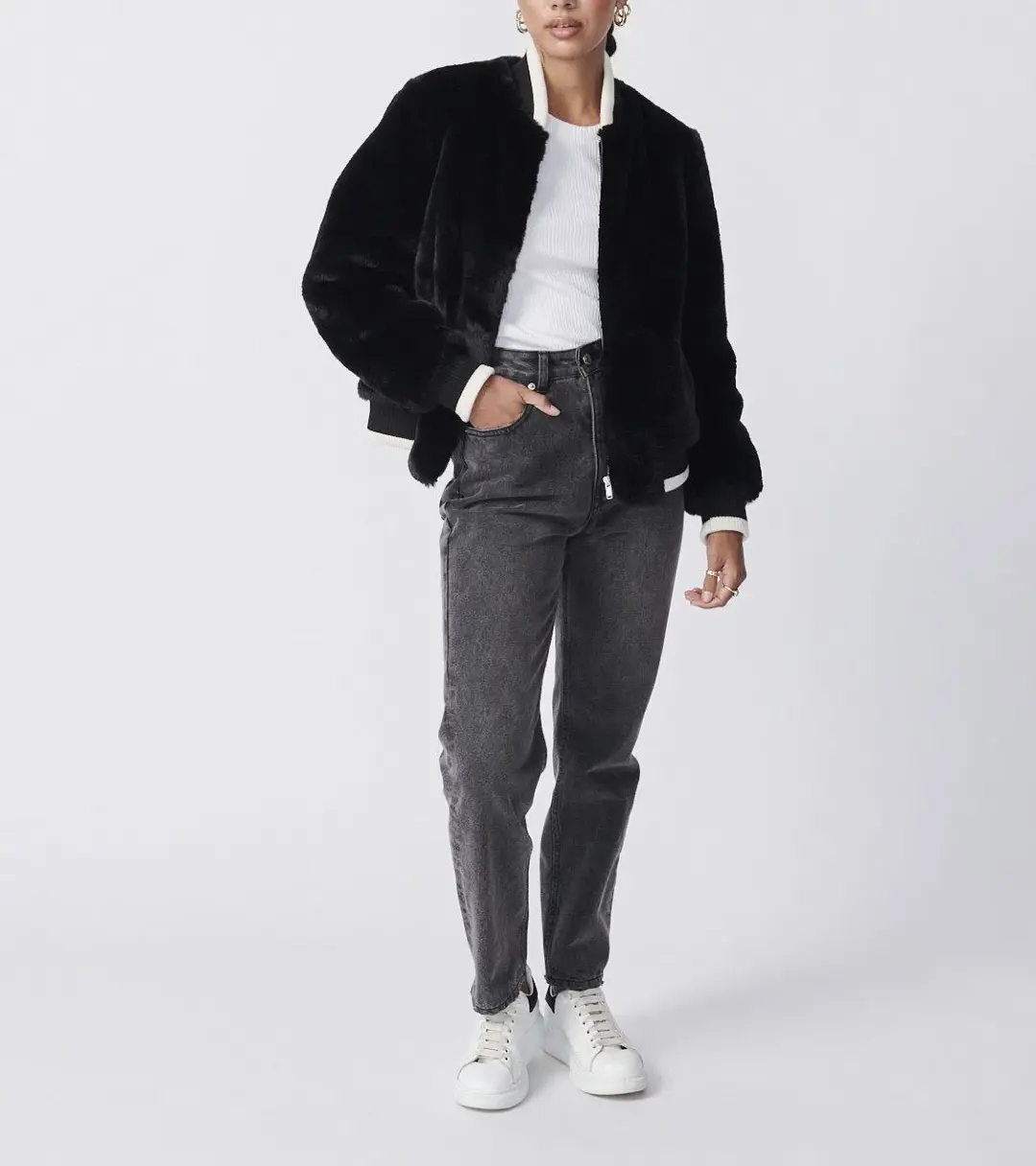 Ena Pelly Essential Faux Fur Bomber Jacket in Black Size AU 12 for rent on The Volte - main image