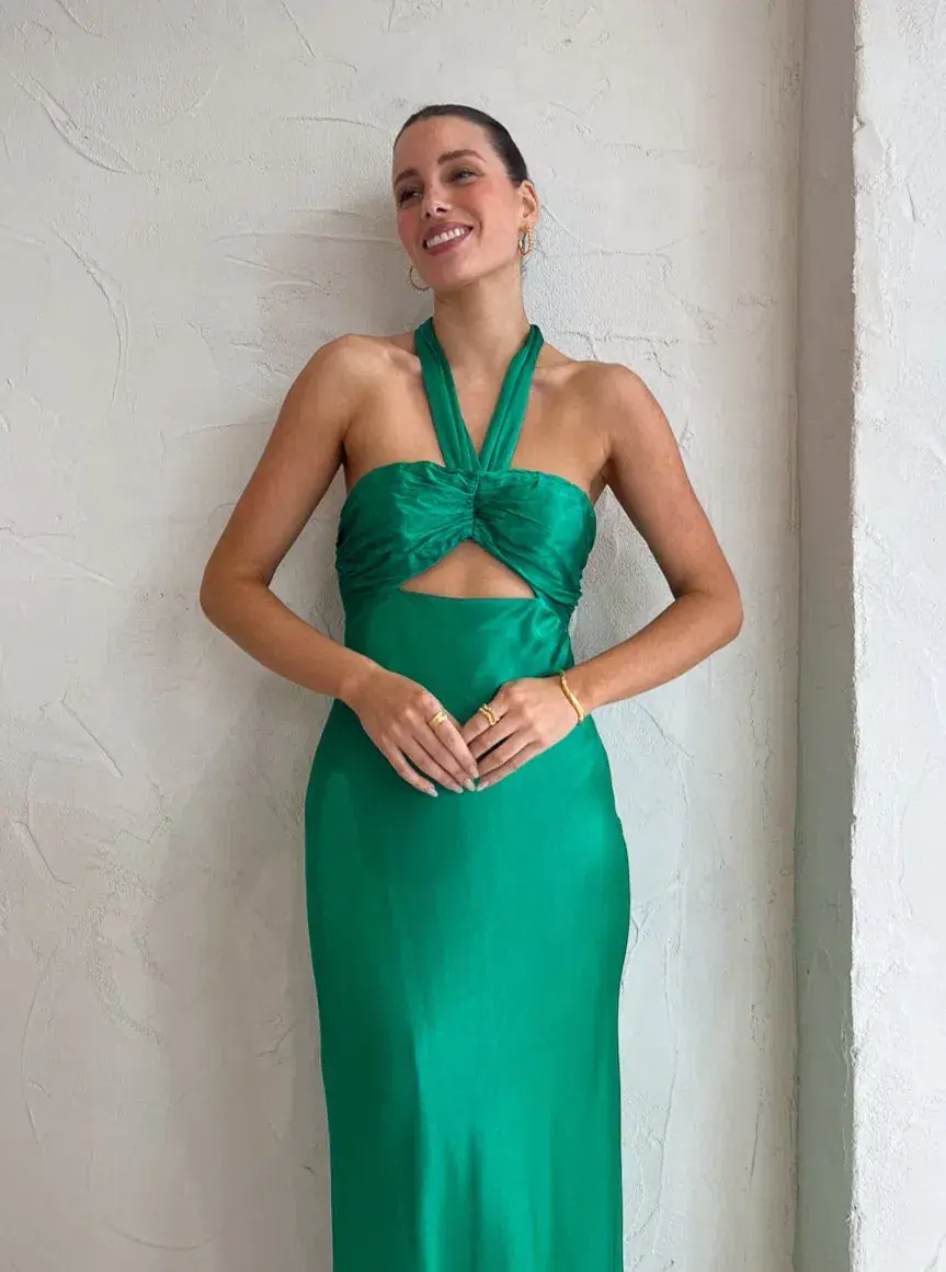 Shona Joy Lana Ruched Halter Midi Dress Tree Green Size 8 for rent on The Volte - main image