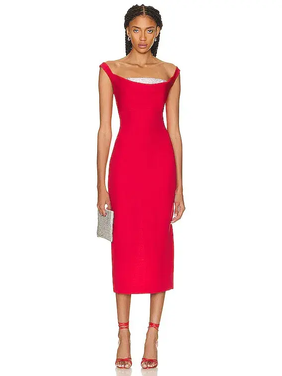 Roland Mouret Off Shoulder Diamante Midi Dress Red Size 12 for rent on The Volte - main image