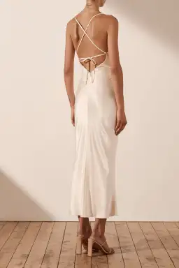 Shona Joy La Lune Asymmetrical Bias Cowl Midi Dress in Cream Size 14 for rent on The Volte - image 2