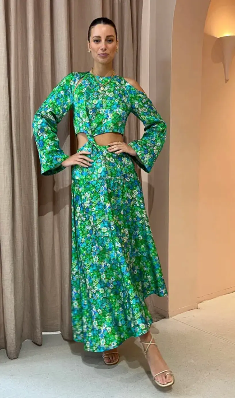 Alemais Cassandra Cut Out Midi Dress Green Floral Size 10 for rent on The Volte - main image